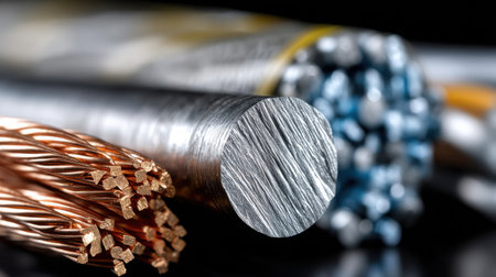 A bunch of wires and metal rods are shown in a close up. The wires are made of copper and silver, and the rods are made of steel. Concept of industrial and technological advancementの素材
