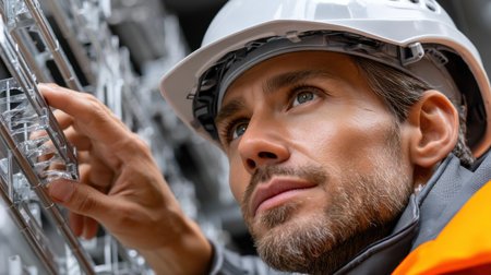 A man wearing a hard hat and orange vest is looking at something. He is wearing a safety helmet and is holding a piece of paperの素材