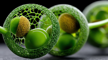 A green and yellow plant with three green balls inside. The balls are surrounded by a mesh of green leavesの素材