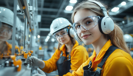 Two women wearing safety gear and yellow shirts are smiling at the camera. They are working in a factoryの素材