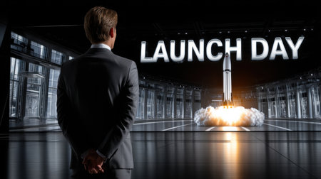 A man stands in front of a rocket launch, with the words "Launch Day" written in the backgroundの素材