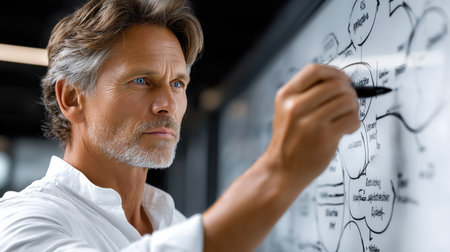 A man is drawing on a whiteboard. He is focused and determined, and the whiteboard is filled with diagrams and ideas. The man's hand is holding a penの素材