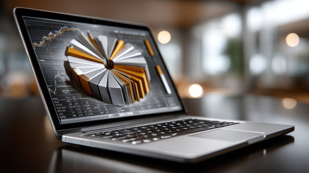 A laptop with a graph on the screen. The graph is a pie chart with a gold borderの素材