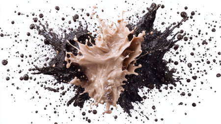 A splash of chocolate and black paint on a white background. The colors are bold and contrasting, creating a sense of energy and movement. The splatter effect adds a dynamicの素材