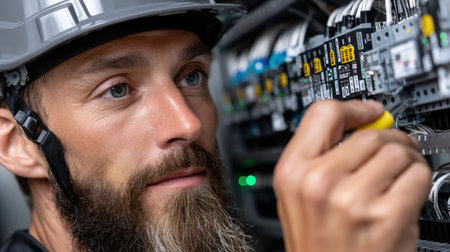 A man with a yellow tool is working on a circuit board. He is wearing a hard hat and safety glassesの素材