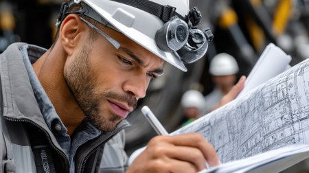 A man wearing a hard hat and safety glasses is writing on a piece of paper. He is focused and serious as he works on the drawingの素材