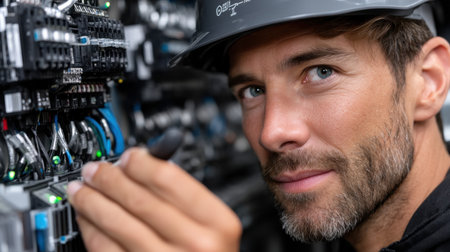 A man wearing a hard hat is working on a power line. He is smiling and he is enjoying his workの素材