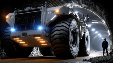 A large truck is driving through a tunnel. The tunnel is lit up, and the truck is surrounded by bright lights. Scene is mysterious and adventurousの素材