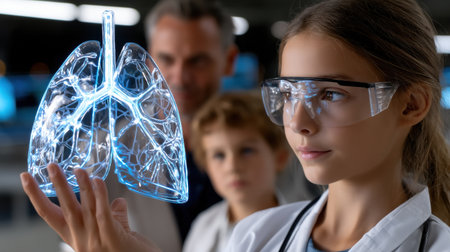 A young girl wearing a lab coat is holding a model of a human lung. She is wearing goggles and she is studying the lungの素材