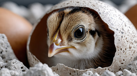 A baby chick is peeking out of an eggshell. The chick is small and brown, with a curious expression on its face. The scene is peaceful and sereneの素材