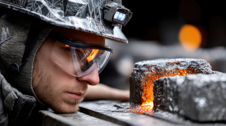 A man wearing a helmet and goggles is looking at a hot object. Concept of caution and focus, as the man is likely working with dangerous materials or equipment. The man's protective gearの素材