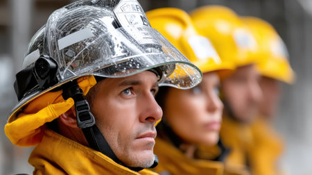 A group of firefighters are standing in front of a building. They are wearing yellow helmets and yellow jacketsの素材