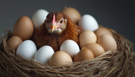 A chicken is laying eggs in a nest. The eggs are of different sizes and colors, with some being white and others being brown. The chicken is looking up at the cameraの素材