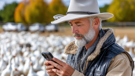A man in a cowboy hat is looking at his cell phone while standing in a field with a large flock of geeseの素材