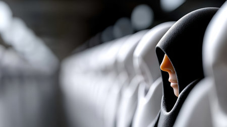 A man in a hooded robe is looking at the camera. The image has a mysterious and ominous moodの素材