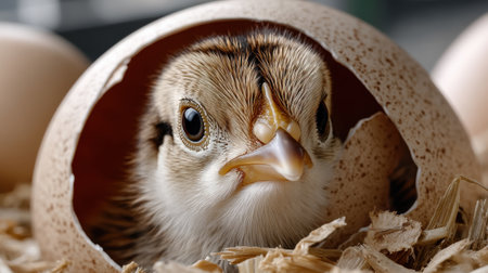 A baby chick is peeking out of an egg. The chick is small and cute, and it seems to be curious about the world outside of its shell. Concept of wonder and innocenceの素材