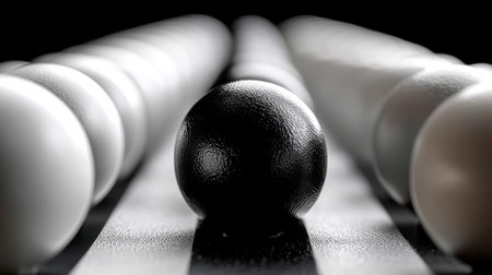 A black ball is placed in front of a row of white balls. The black ball stands out as the only one of its color in the rowの素材