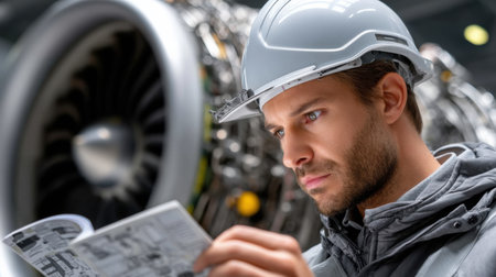 A man wearing a hard hat is looking at a piece of paper. He is reading it intently, possibly studying a diagram or a technical drawing. Concept of focus and concentrationの素材