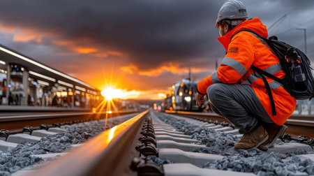 A man in an orange safety jacket is crouching down to look at the tracks. The sun is setting in the background, casting a warm glow over the scene. The man's backpack is on his backの素材