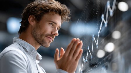 A man is looking at a computer screen with a graph on it. He is wearing a white shirt and he is focused on the graphの素材