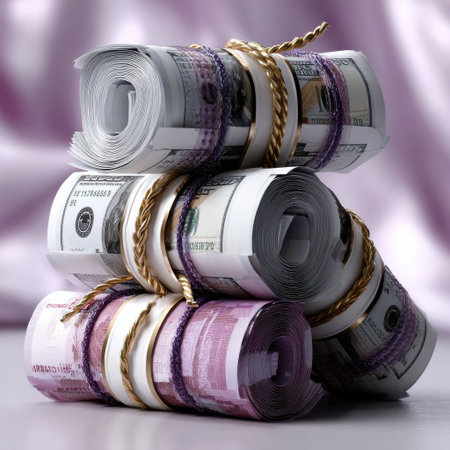 A stack of money is tied together with a gold colored string. The money is in different denominations, including $100 bills. Concept of wealth and abundance, as the money is piled highの素材