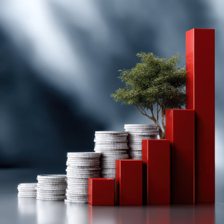 A tree is growing on top of a stack of coins. The coins are arranged in a pyramid shape, with the bottom row having the most coins and the top row having the least. Concept of growth and progressの素材