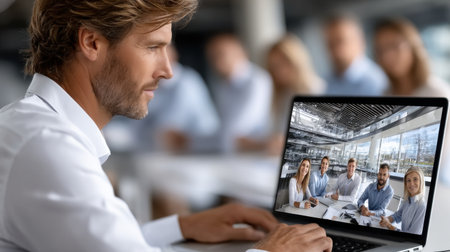 A man is looking at a laptop screen that shows a group of people. The man is wearing a white shirt and he is focused on the screen. Concept of collaboration and teamworkの素材