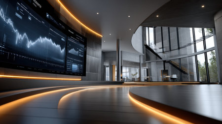 A large room with a black wall and a large screen with a lot of numbers on it. The room is empty and has a modern feel to itの素材