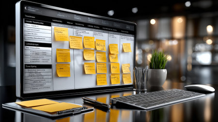 A computer monitor with a yellow sticky note on it. The sticky note says "Important". There is a keyboard and a mouse on the deskの素材