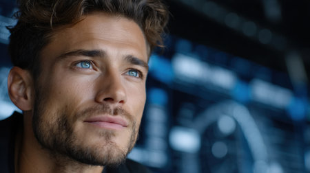 A man with a beard and blue eyes looking at the camera. The image has a mood of confidence and self-assuranceの素材