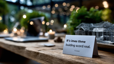 A sign on a table that says "It's times building scord real.". The sign is on a wooden table with a laptop and a few candlesの素材