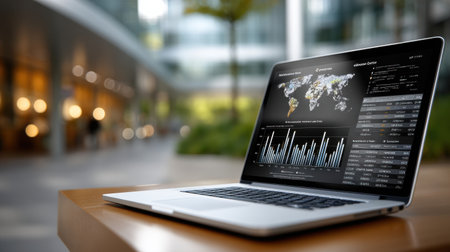 A laptop is open to a screen displaying a map of the world. The laptop is on a table in a city settingの素材