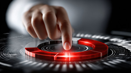 A hand is pressing a red button on a screen. The button is surrounded by a red circleの素材