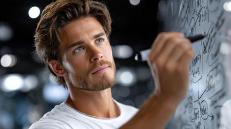 A man with a beard is writing on a whiteboard. Concept of focus and determination as the man works on his ideasの素材