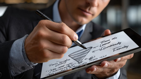 A man is writing on a tablet with a pen. The tablet is displaying a diagram of a pyramidの素材