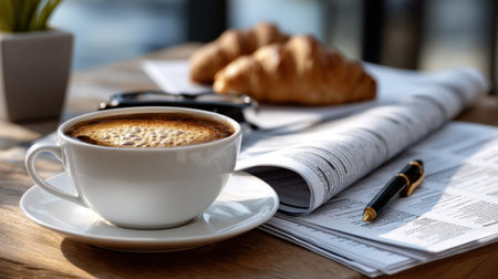 A white coffee cup sits on a saucer next to a croissant and a pen. The scene suggests a moment of relaxation and contemplation, as the person enjoying the coffeeの素材