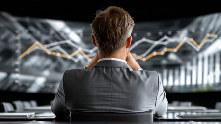 A man in a suit is sitting at a desk in front of a large monitor displaying graphs. He is deep in thought, possibly analyzing the data on the screen. Concept of focus and concentrationの素材