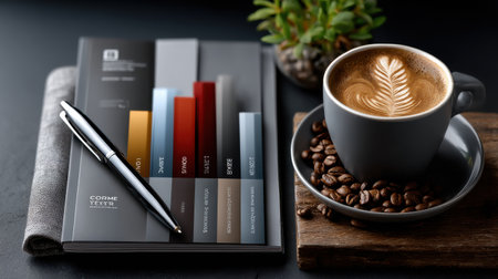 A coffee cup with a leaf design on it sits on a table next to a notebook and a penの素材