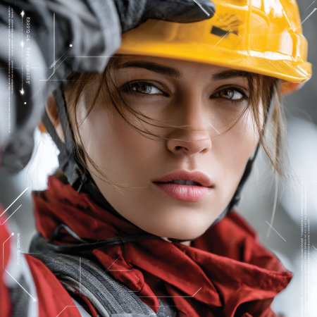 A woman wearing a yellow helmet and red jacket. She is wearing a red scarf and a black gloveの素材