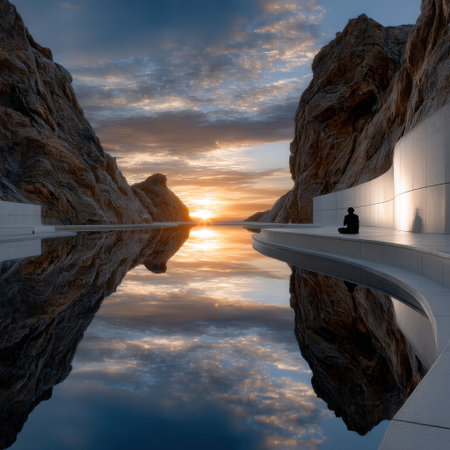 A man is sitting on a bench by a body of water, with the sun setting in the background. The scene is serene and peaceful, with the man's posture suggesting a sense of calm and relaxationの素材