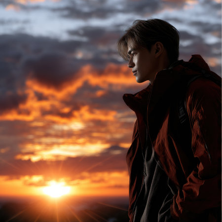 A man is standing in front of a sunset, wearing a red jacket. The sky is filled with clouds, and the sun is setting, creating a beautiful and serene atmosphere. The man is lost in thoughtの素材