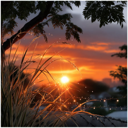 A beautiful sunset with a tree in the background. The sun is setting and the sky is orangeの素材