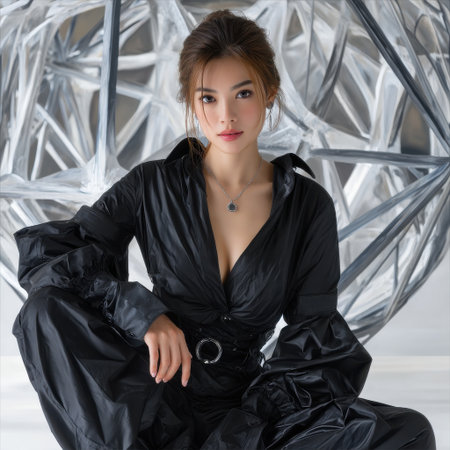 A woman in a black dress sits in front of a sculpture. The sculpture is made of metal and has a shiny, reflective surface. The woman is wearing a necklace and a black shirtの素材
