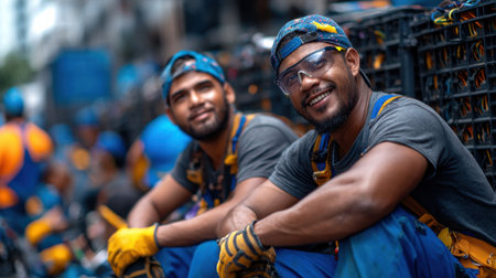 Two men wearing blue overalls and safety gear are smiling for the camera. They are wearing gloves and goggles, and one of them is wearing a hard hatの素材