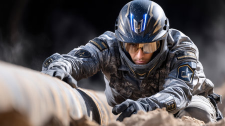 A man in a helmet is sliding down a pipe. Concept of adventure and excitement, as the man is taking on a daring challengeの素材