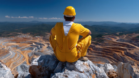 A man in a yellow safety suit is sitting on a rock overlooking a large mining site. Concept of solitude and contemplation, as the man takes a moment to pause and reflect on his surroundingsの素材