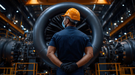 A man in a blue shirt and orange helmet stands in front of a large black engine. He is wearing a mask and glovesの素材