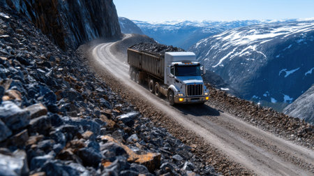 A large semi truck is driving down a mountain road. The truck is carrying a large load of rocks. The road is rocky and bumpy, and the truck is making its way through the difficult terrainの素材