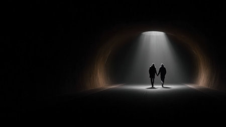 A couple is walking through a tunnel with a light shining on them. Scene is mysterious and romanticの素材