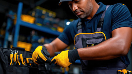 A man in a blue shirt and grey vest is wearing gloves and working on a project. Concept of focus and determination as the man works on his taskの素材